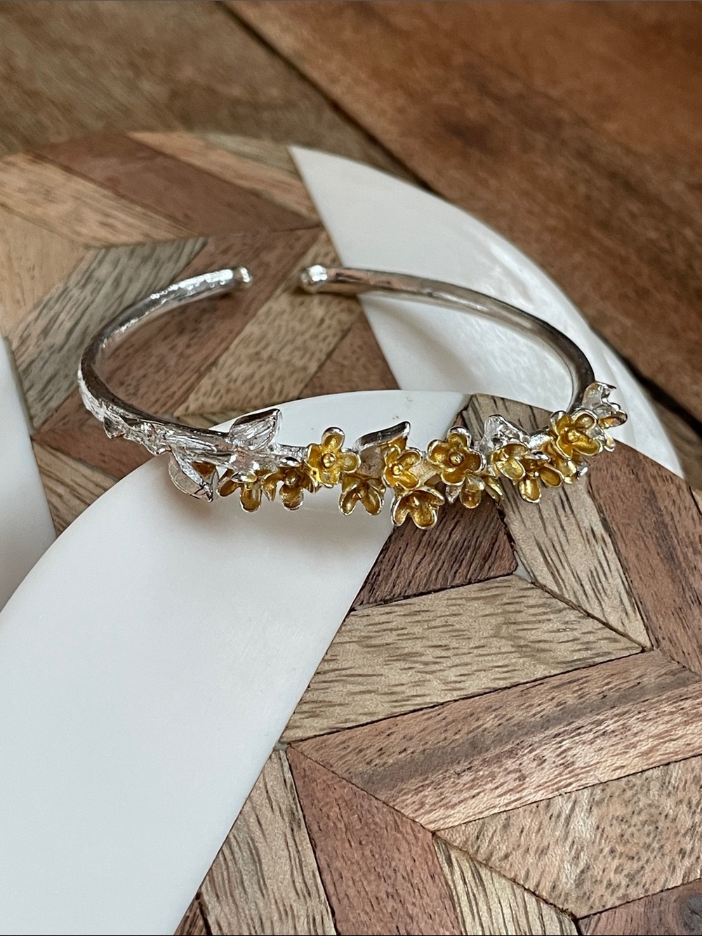 Delicate Silver Floral Cuff Bracelet with Gold Flower Accents